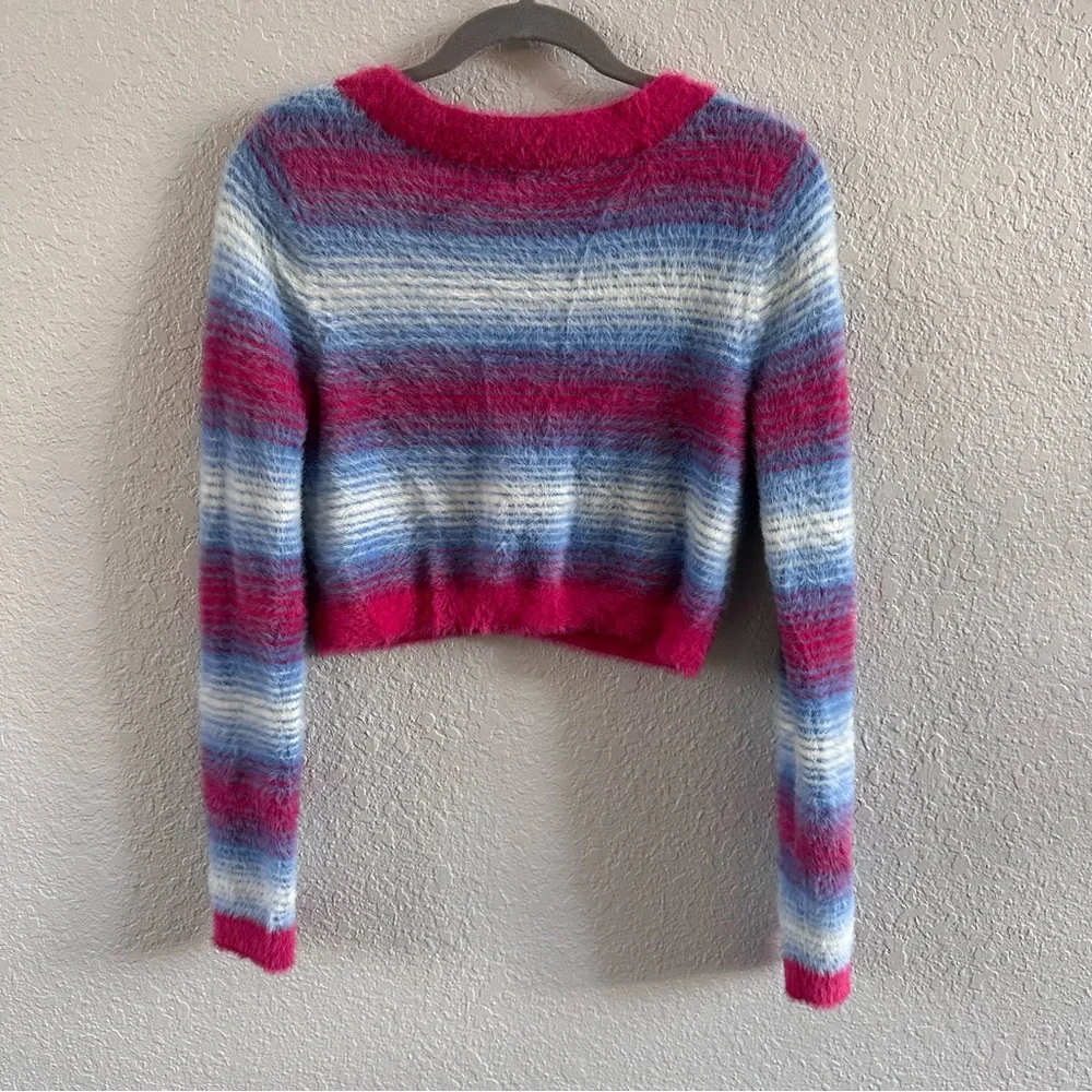 Aritzia Sunday Best Fuzzy Cropped Cardigan Striped Mohair Look Size L - Picture 4 of 7